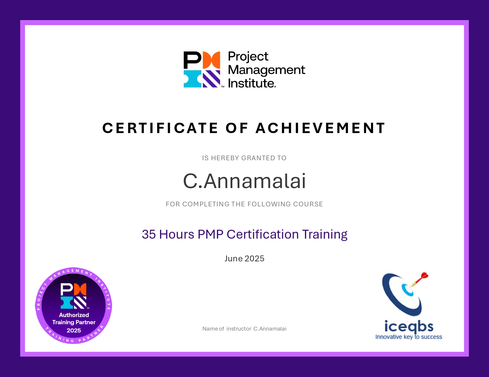 PMI COA Certificate 2025 English Sample Page 0001